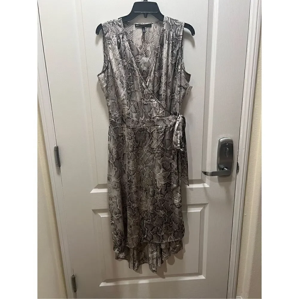 White House Black Market Women's Dress 10 Wrap Midi Snake Gray Sleeveless Hi Low - Picture 2 of 3